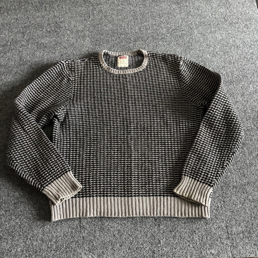 Levi's Mens Large Crewneck Sweater Black Gray Textured Knit Long Sleeve Pullover